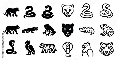 Wildlife and jungle silhouette icons set – outline, animal, exotic nature symbols