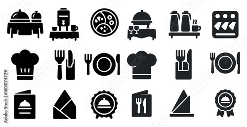 Restaurant and catering solid icons set – filled, culinary, dining symbols