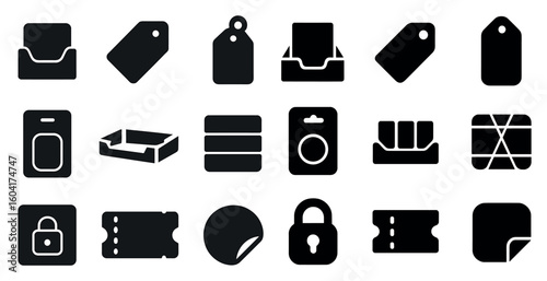 Office supplies solid icons set – silhouette, filled, stationery and work essentials