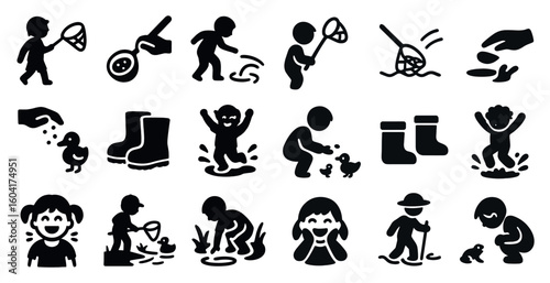 Children's activities silhouette icons set – playful, fun, kid-friendly symbols