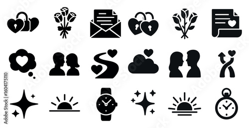 Love and romance silhouette icons set – solid, filled, affection symbols