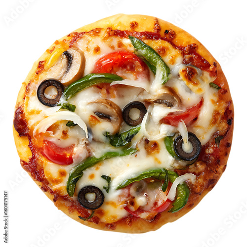 Small pizza mushrooms olives peppers tomatoes cheese topping isolated white