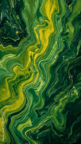 Abstract art with swirling shades of green and yellow creating a marbled effect in a fluid design