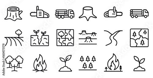 Deforestation outline icons set – flat, linear, environmental and logging symbols