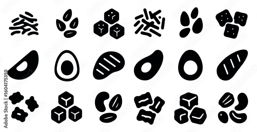 Fototapeta premium Food and ingredients solid icons set – filled, cooking, culinary symbols
