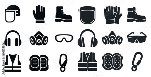 Safety equipment icons set – filled, solid, protection and ppe symbols