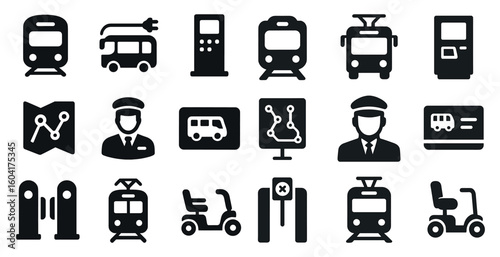 Transportation and travel icons set – solid, silhouette, commuter and transit symbols