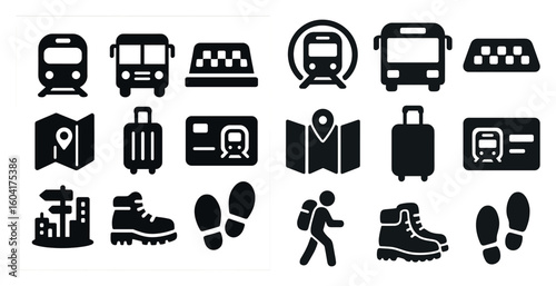 Public transport silhouette icons set – solid, filled, travel and transit symbols