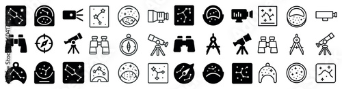 Astronomy and space icons set – solid, filled, universe and stargazing symbols