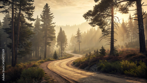 Winding Road Through Forest: A scenic, winding road snakes its way through a lush forest, bathed in the warm light of sunrise, inviting exploration and adventure.