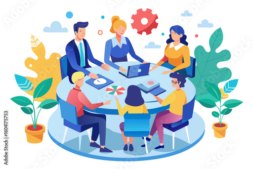 Diverse team of professionals collaborating around a round table in a modern office setting