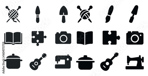 Craft and hobby solid icons set – filled, knitting, pottery and diy symbols collection