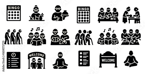 Senior activities solid icons set – filled, recreation and leisure symbols