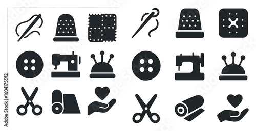 Sewing and craft solid icons set – silhouette, filled, needlework and stitching symbols