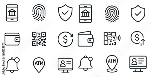 Wallpaper Mural Finance and security outline icons set – banking, transaction, digital symbols Torontodigital.ca