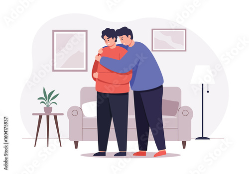 A man comforts his sad friend with a supportive hug in their living room.