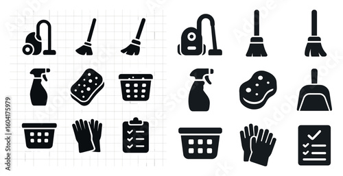 Cleaning and hygiene solid icons set – filled, housework, sanitation symbols