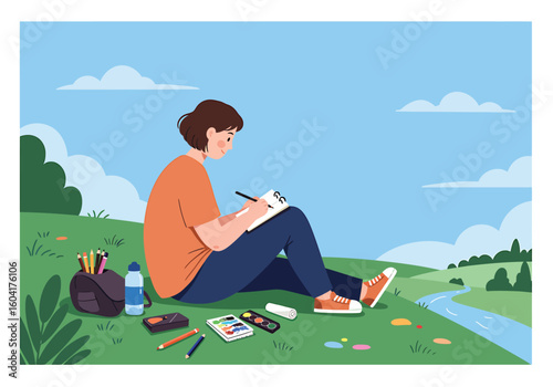 A young person sits on a grassy hillside, drawing in a sketchbook surrounded by art supplies and nature.