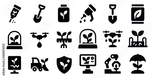 Gardening and plant care filled icons set – solid, silhouette, home horticulture tools