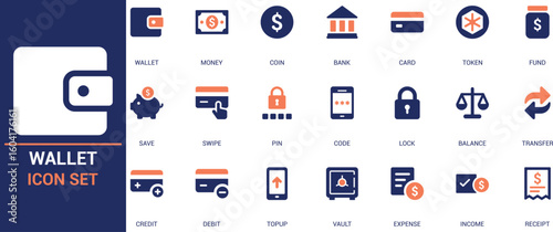 
Flat vector wallet icon set including money, coin, card, bank, pin, swipe, balance, vault, and receipt. Ideal for fintech apps, payment systems, and finance UI.
