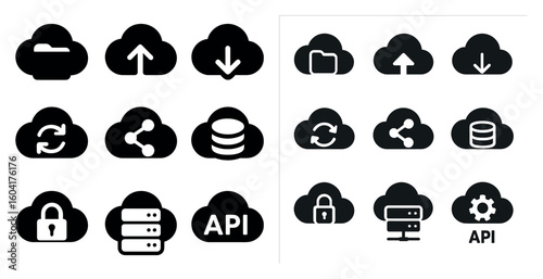Cloud computing solid icons set - storage, data sharing, secure network graphics
