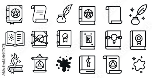 Magic and alchemy line icons set – outline, spellbook, sorcery symbols for fantasy