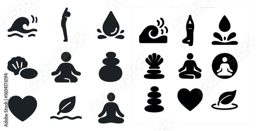 Wellness and relaxation icons set – solid, filled, spa and meditation symbols