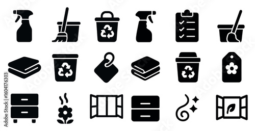 Cleaning and hygiene solid icons set – filled, sanitation, household symbols