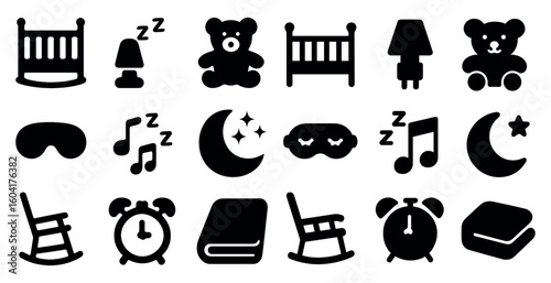 Sleep and relax solid icons set – filled, bedtime and rest symbols