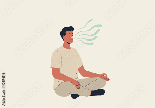 A man in meditation, sitting cross-legged with eyes closed, exhaling calm green wisps of air, symbolizing peaceful breathing and mindfulness.