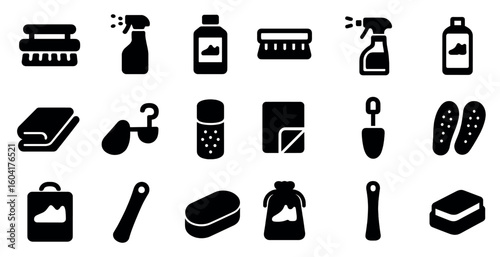 Household cleaning solid icons set – silhouette, flat, chores and organization