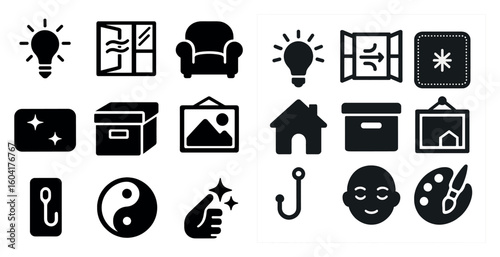 Home and lifestyle solid icons set – filled, decoration and interior design elements