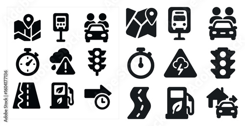 Travel and transportation solid icons set – silhouette, essential map and road signs