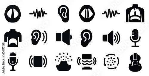 Sound and audio solid icons set – filled, music, voice recognition symbols