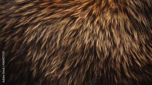 Close-up of brown bear fur on a living animal, warm brown shades with layered thick hair