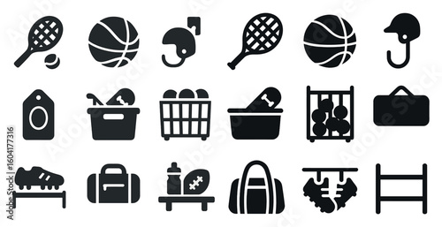 Sport and fitness solid icons set – silhouette, gym, athletic activity symbols