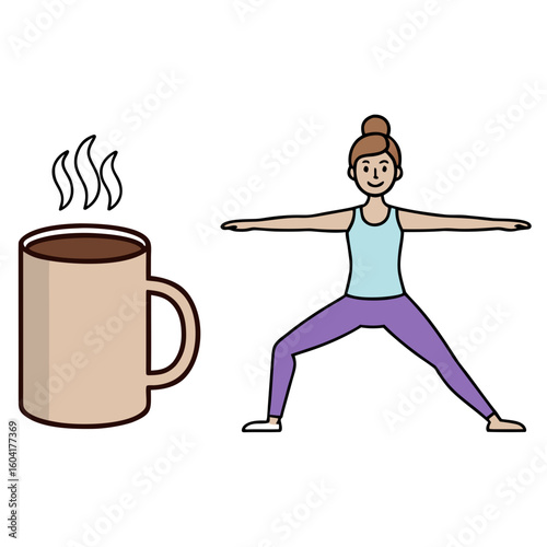 Brown coffee mug with steam next to woman in yoga warrior pose hot beverage