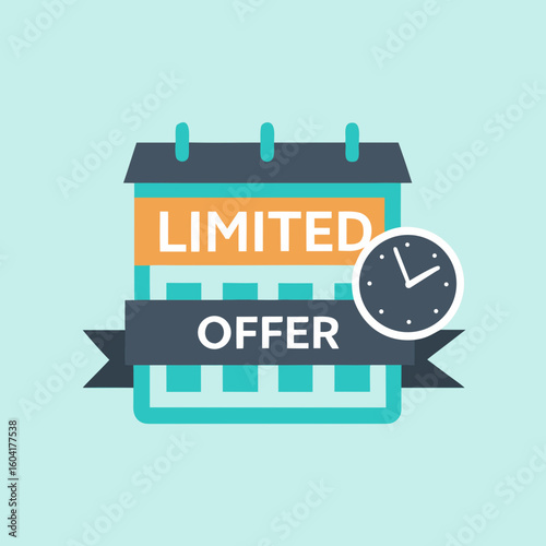Flat design calendar icon with clock and text limited offer time sale