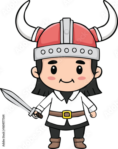 A cute cartoon girl warrior, dressed as a Viking, holds a sword.