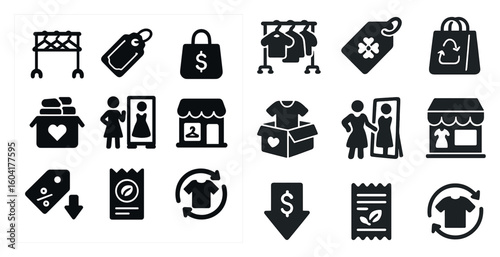 Fashion and shopping solid icons set – silhouette, filled, wardrobe symbols