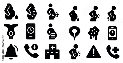 Pregnancy and maternity solid icons set – silhouette, healthcare and wellness symbols