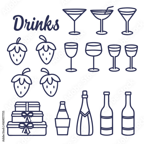 Whimsical hand drawn illustration featuring drinks and gifts cocktails wine glasses