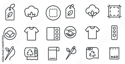 Eco-friendly clothing line icons set: outline, sustainable, textile and apparel symbols