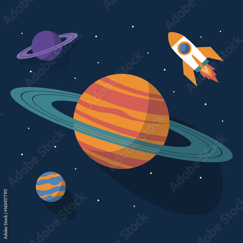 Cartoon Planets and Spaceship Flying in Deep Space Illustration with Vibrant Colors and Starry Background for Kids Education and Exploration