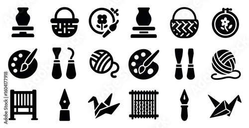 Craft and art solid icons set – filled, creative, hobby symbols for projects