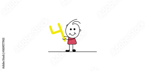 Stick figure holding number four showing education learning counting or birthday theme in cartoon doodle minimal hand drawn vector art style
