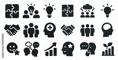 Teamwork and collaboration icons set – silhouette, solid, group and meeting symbols