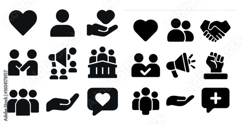 Community and support filled icons set – solid, helping, teamwork symbols