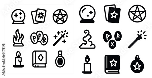 Mystic symbols solid icons set – flat, filled, magic and witchcraft elements