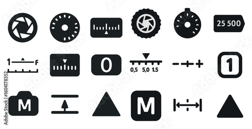 Photography and camera solid icons set – filled, lens, shutter and focus symbols